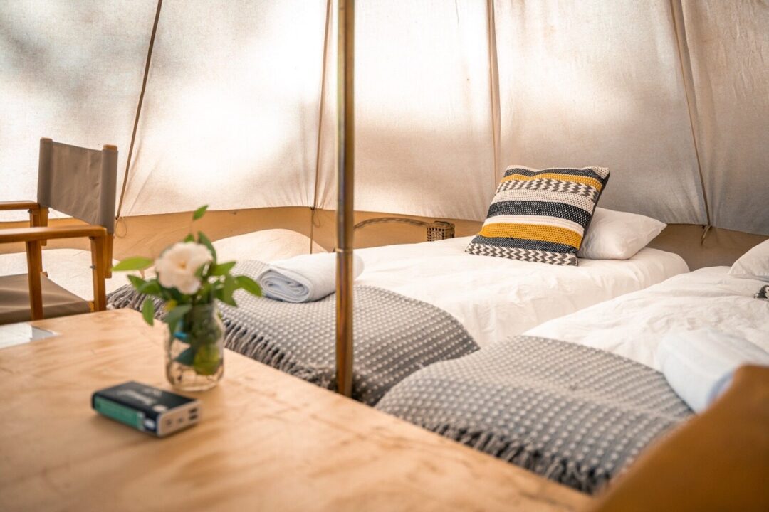 Interior of a mobile glamping tent